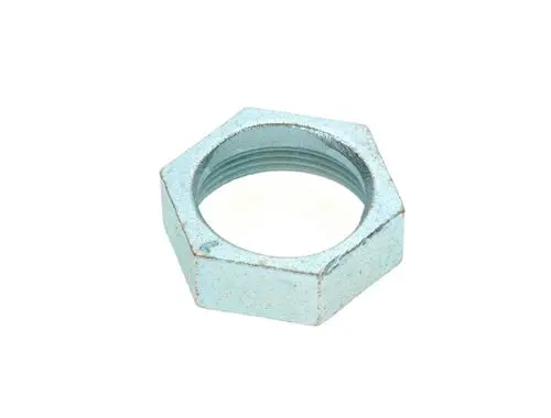 Hexagonale Mutter in Metalloptik, geeignet für Rücklaufrohre. Diese Komponente ist Teil des Bosch Zubehörsortiments.